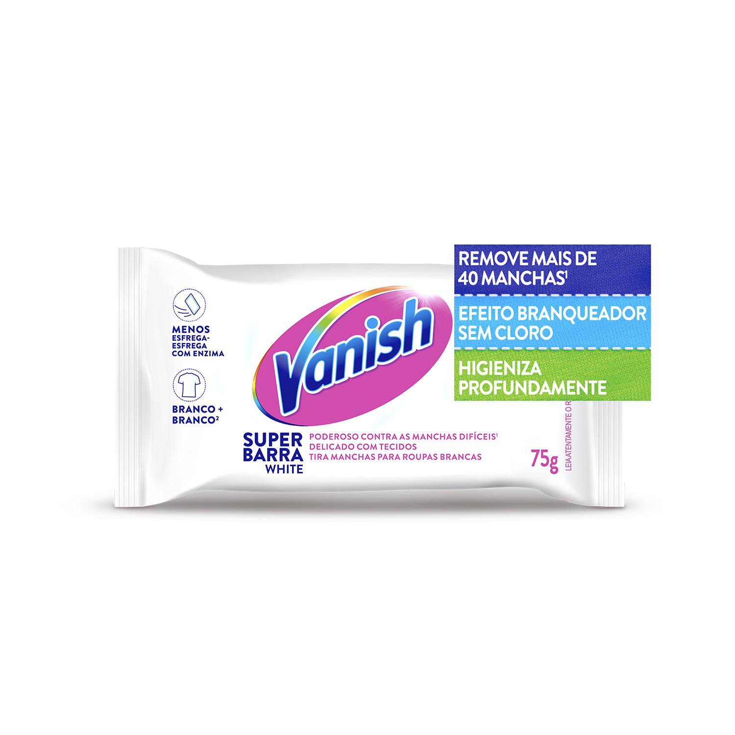 TIRA MANCHAS EM BARRA VANISH WHITE 75G PARA ROUPAS BRANCAS