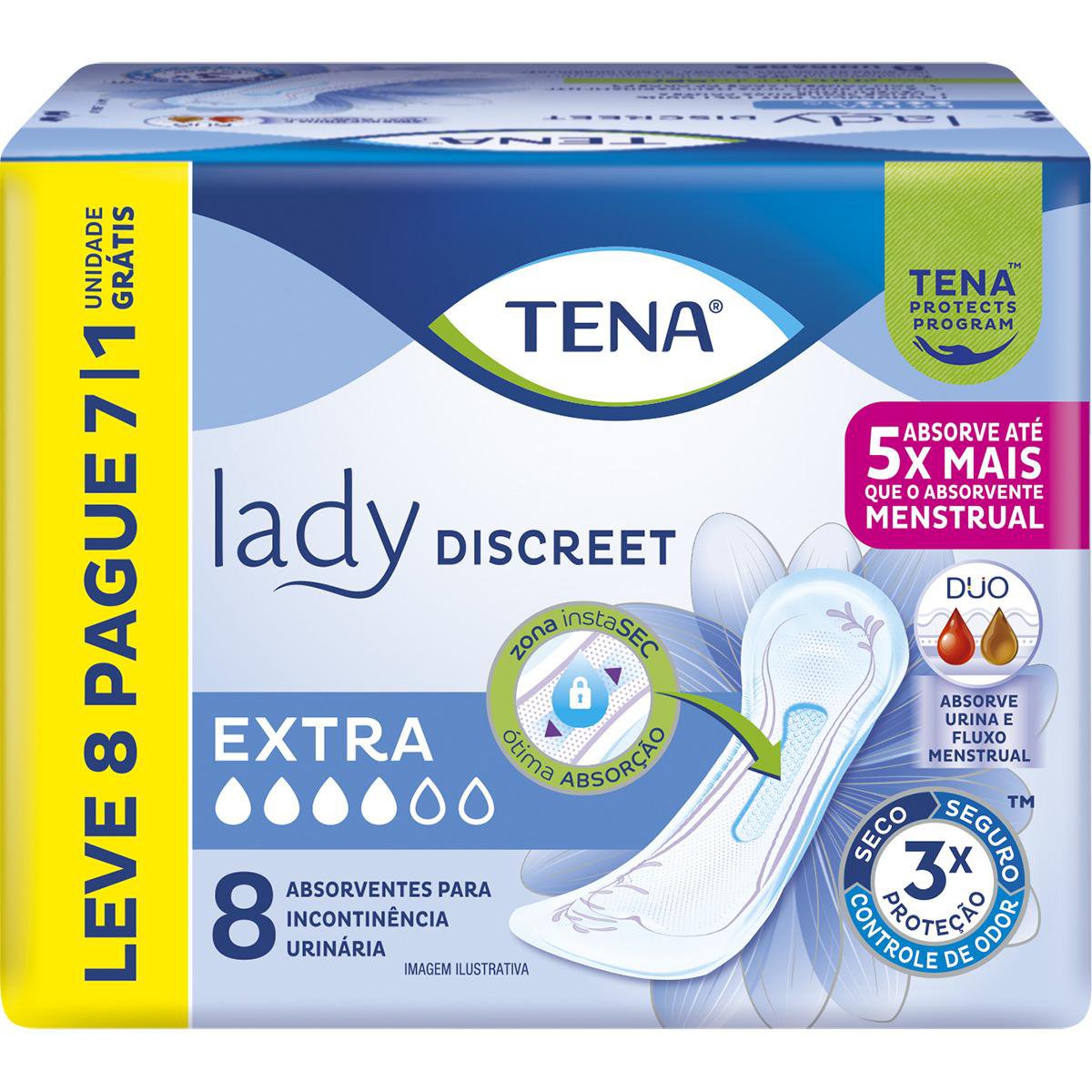 ABSORVENTE PARA INCONTINENCIA URINARIA TENA LADY DISCREET EXTRA LEVE 8 PAGUE 7 UN