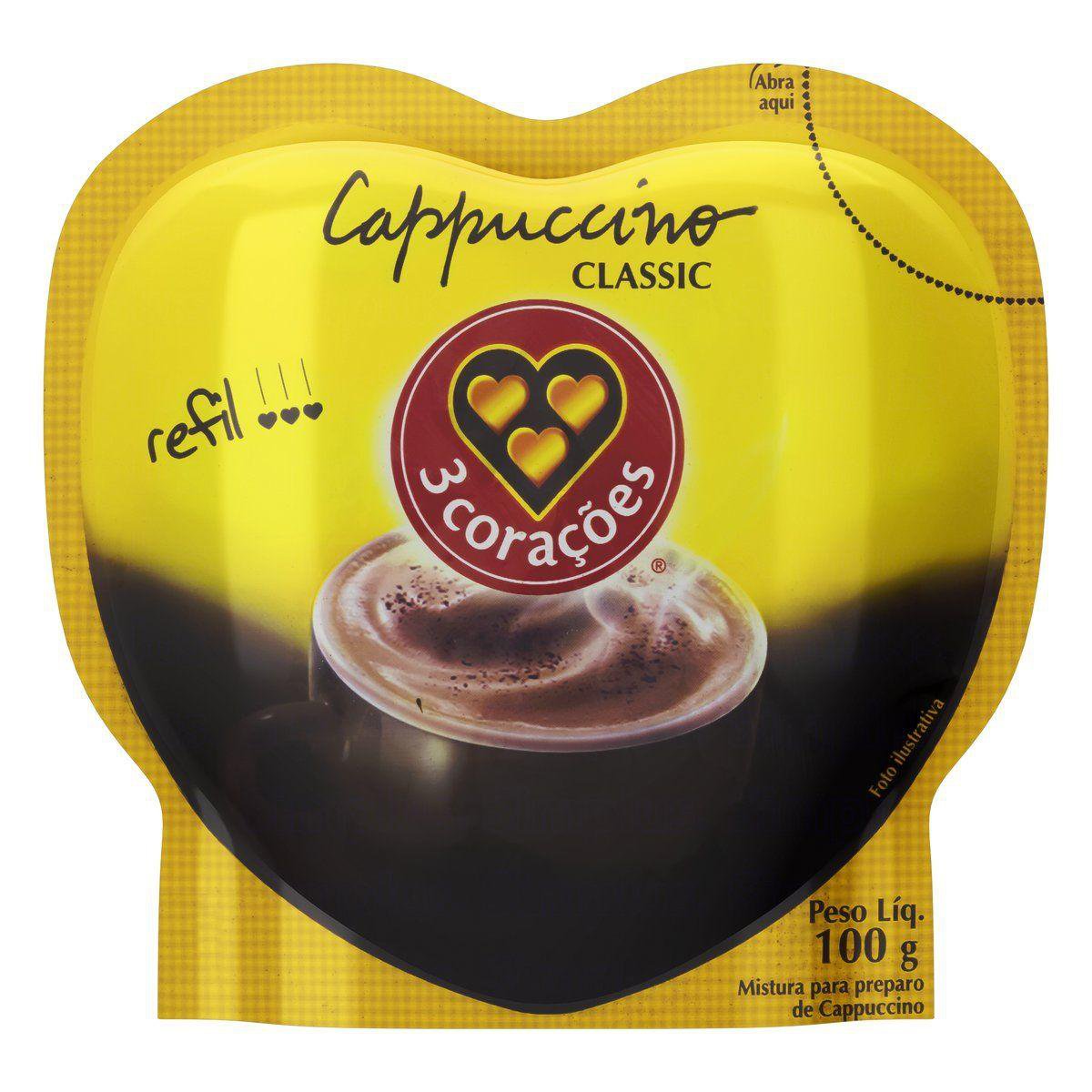 CAPPUCCINO SOLUVEL CLASSIC 3 CORACOES SACHE REFIL 100G