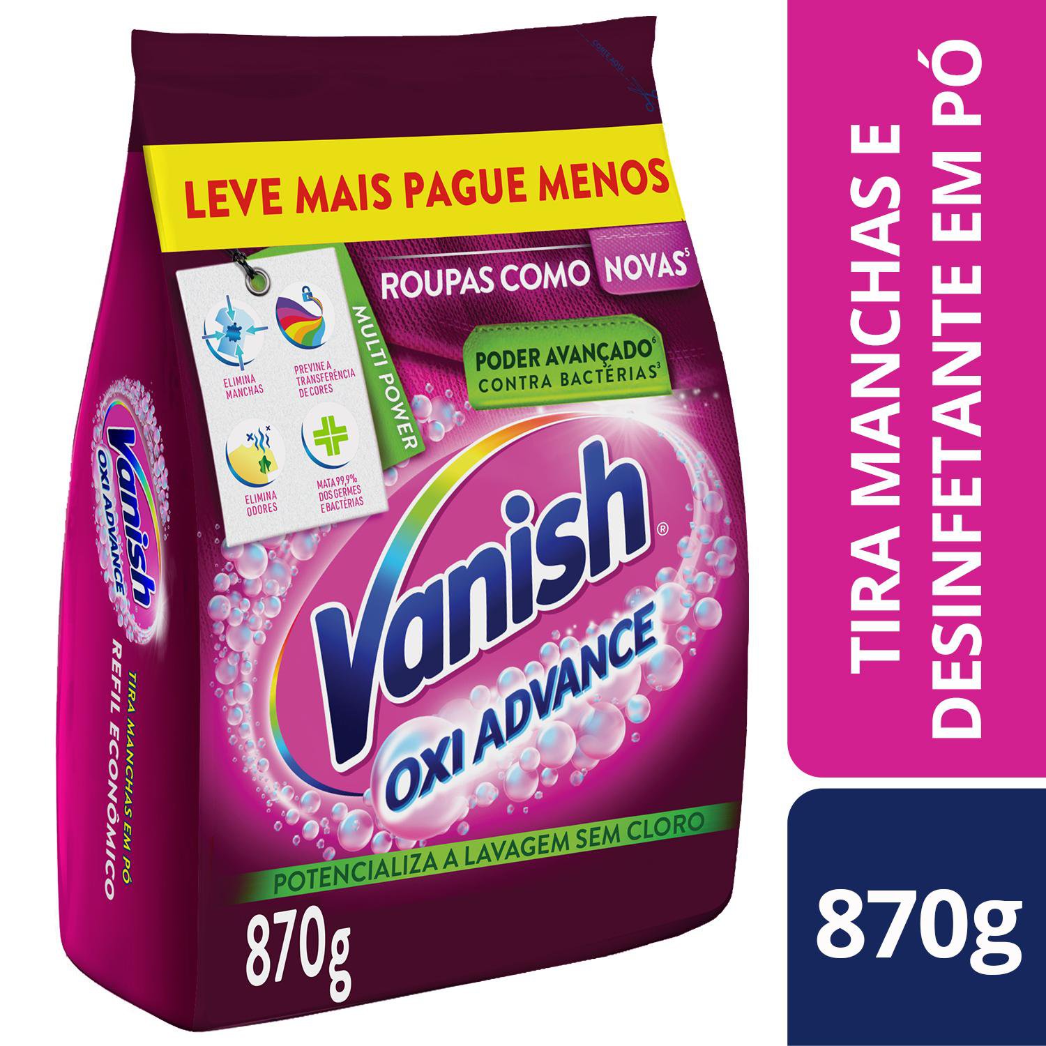 TIRA MANCHAS VANISH EM PO OXI ADVANCE PARA ROUPAS COLORIDAS REFIL ECONOMICO 870G