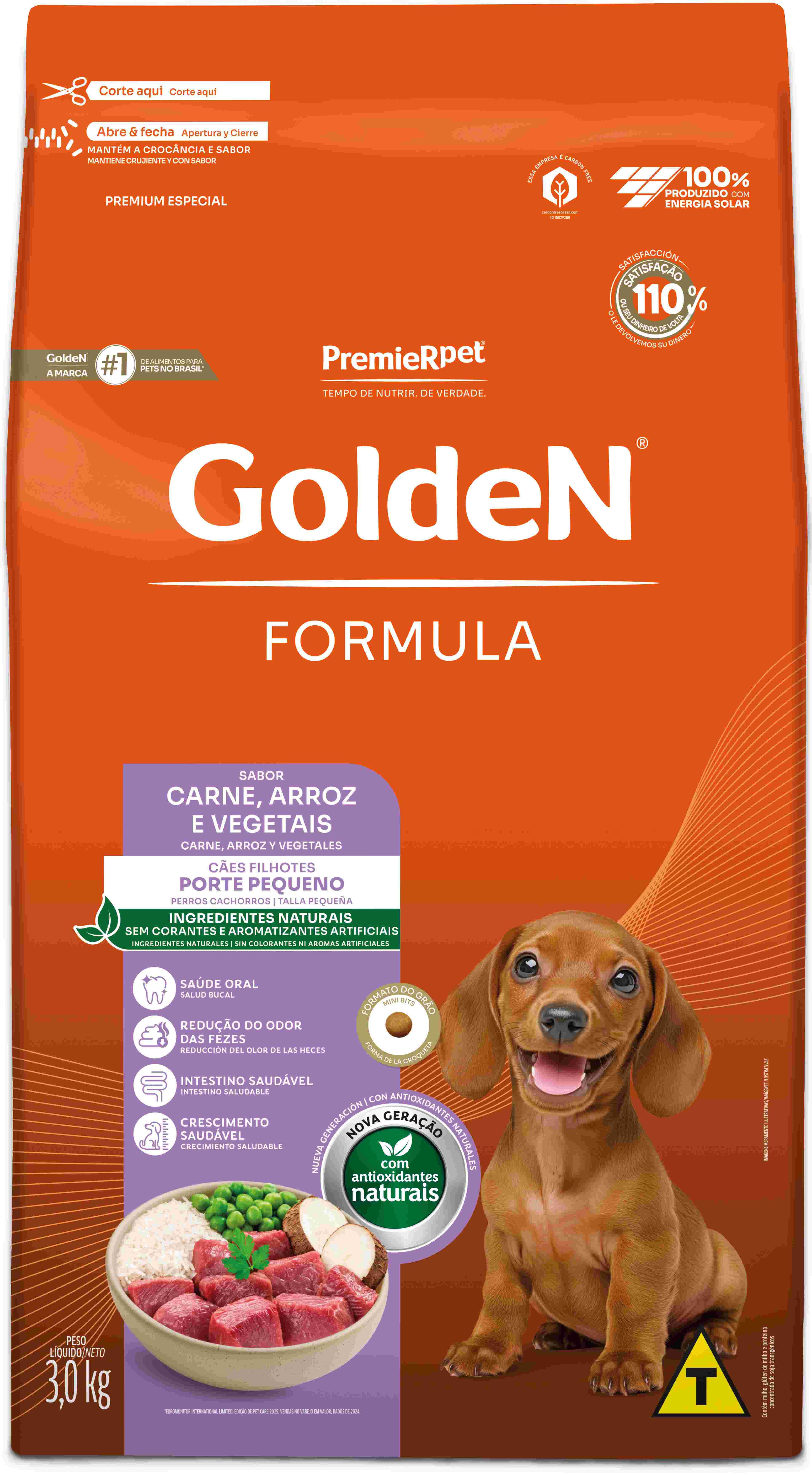 GOLDEN FORMULA CAES FILHOTES PEQUENO PORTE CARNE E ARROZ MINI BITS 3KG