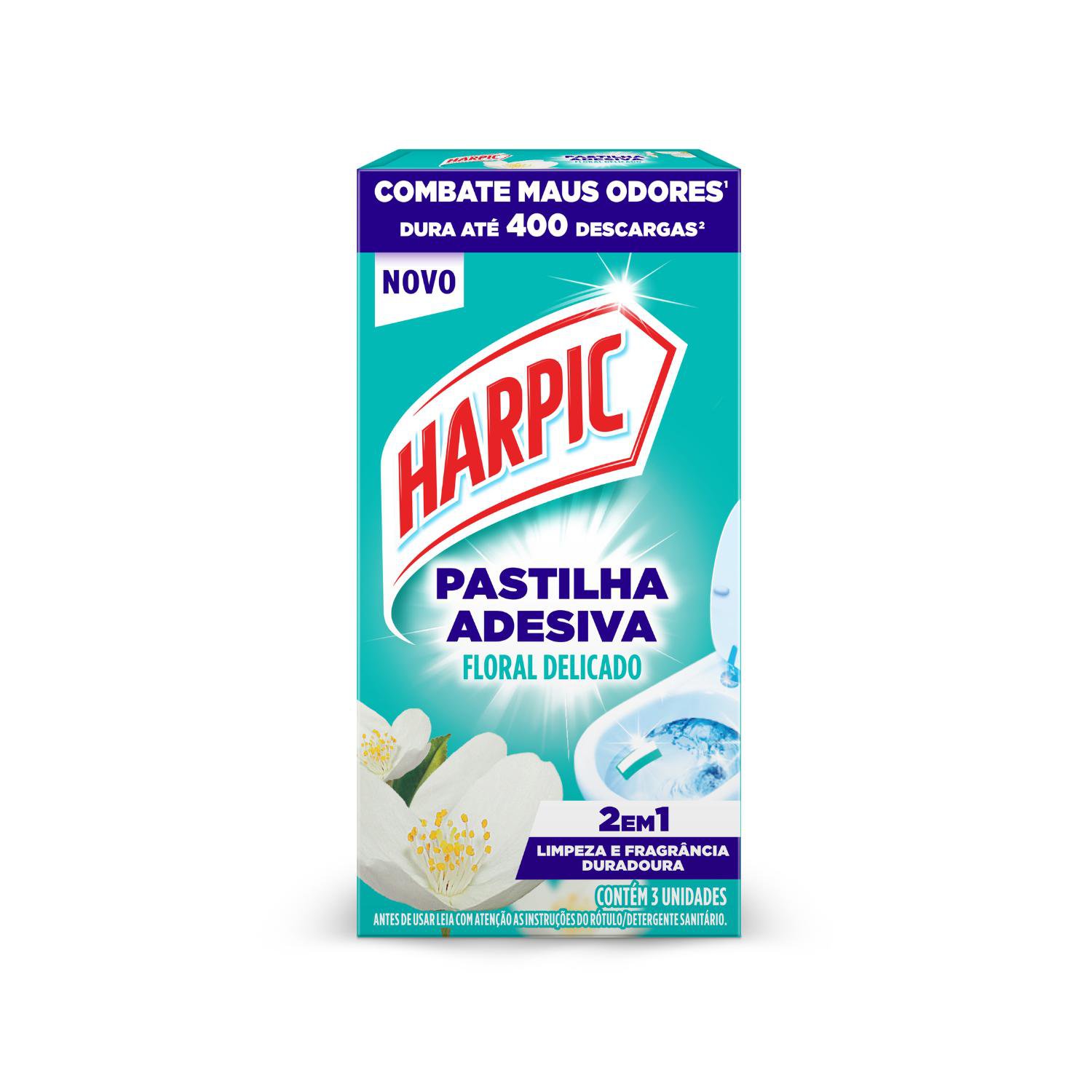 PASTILHA ADESIVA HARPIC 2 EM 1 LIMPEZA E FRAGRANCIA DURADOURA FLORAL DELICADO 3 UN